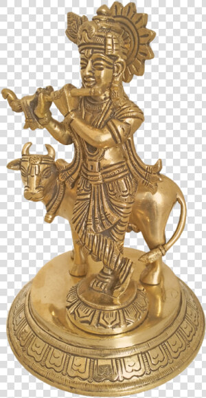 Lord Krishna Playing Flute With Beautiful Cow Brass   Brass  HD Png Download