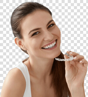 Woman Placing Invisalign Tray   Invisalign Orthodontic Ad  HD Png Download