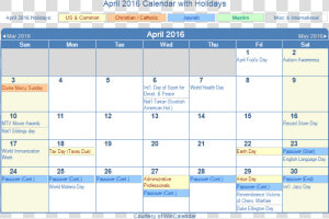 April 2016 Printable Calendar With Us Holidays Including   May 2018 Holiday Calendar  HD Png Download