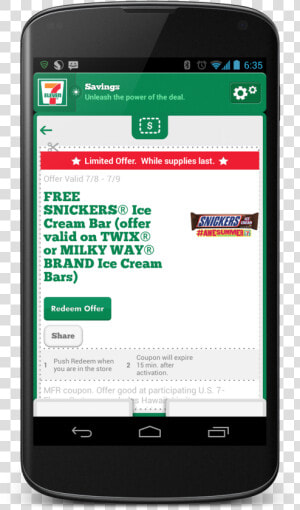 Hurry For Your Free Snickers Ice Cream Bar While Supplies   7 Eleven App Coupon  HD Png Download