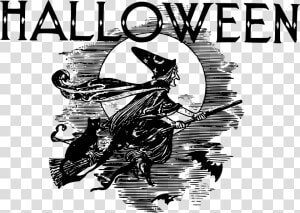 Halloween Flying Witch Clip Arts   Vintage Halloween Black And White  HD Png Download