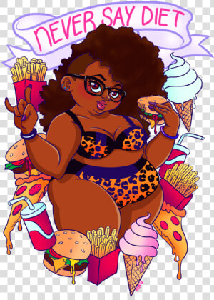 My Art Fat Tattoo Pizza Banner Pin Up Fries Junk Food   Fat Black Girl Cartoon  HD Png Download