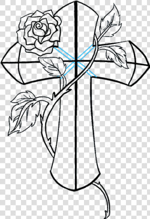 How To Draw A Cross With A Rose In A Few Easy Steps   Drawing Cross With Rose  HD Png Download