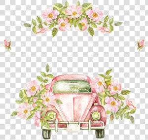  watercolor  handpainted  volkswagenbus  vwbeetle  flowers   Vintage Wedding Car Clipart  HD Png Download