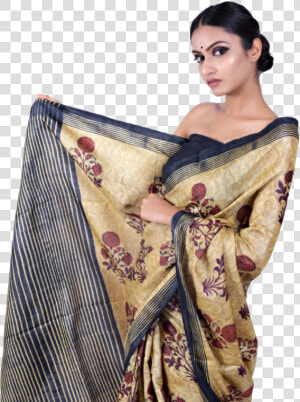 Beige black Tussar Silk Saree   Silk  HD Png Download