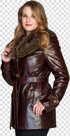 Golden Long Leather Jacket   Woman In Leather Jacket Fur  HD Png Download