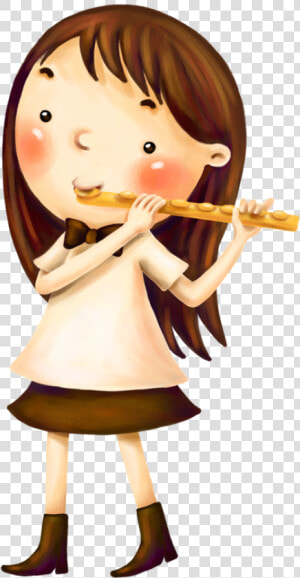 Flute Musical Instrument Child The Little Girl   Girl Playing Playing A Flute Cartoon  HD Png Download