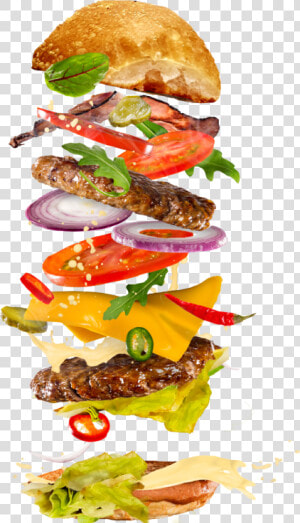 Menu Burger Restaurant In   Burger Flying Ingredients  HD Png Download