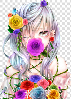 Anime  Flowers  And Anime Girl Image   Manga Fille Cheveux Blanc  HD Png Download