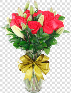 Florero Con 12 Rosas Rojas Y Lilis Blancas   Bouquet  HD Png Download