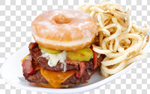 Burger With Cheese  Bacon  Pickles  Donut And Side   Sassy Bass Crazy Donuts  HD Png Download