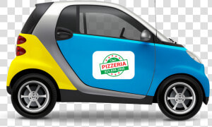 Small Car With Magnetic Sign On The Door With Pizza   Car Door Magnet Signs  HD Png Download