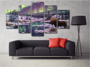 Moose Aurora Forest And Snow 5 Panel   Wall Art Floral Design For Living Room Glass Paintings  HD Png Download