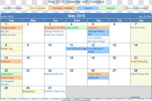 May 2016 Printable Calendar With Us Holidays Including   October 2019 Calendar With Holidays  HD Png Download