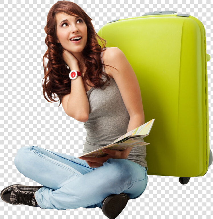 Transparent Girl Sitting Png   Girl With Travel Bag Png  Png DownloadTransparent PNG