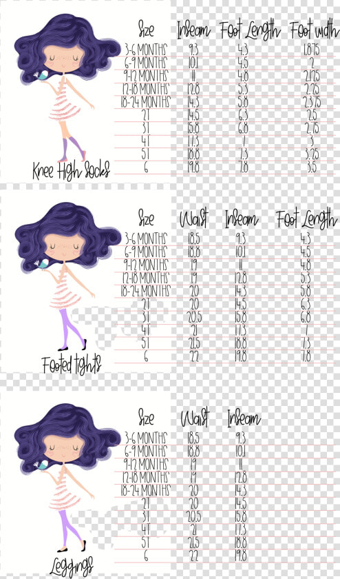 Size Guide For Knee High Socks And Tights   Doll  HD Png DownloadTransparent PNG