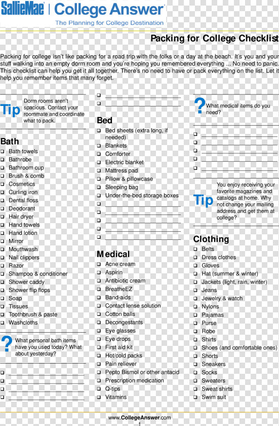 College Packing Checklist   College Answer Packing List  HD Png DownloadTransparent PNG