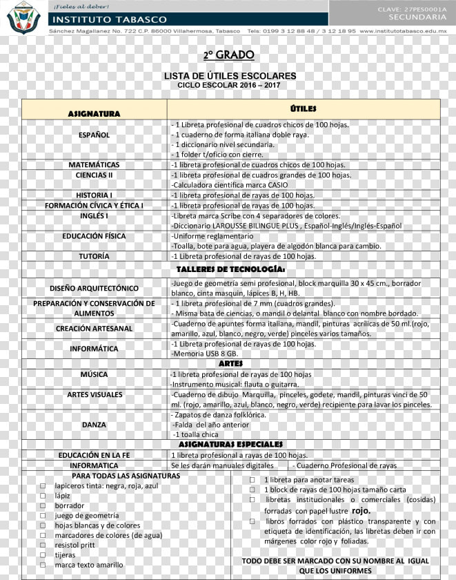 2do Lista De Utiles Secundaria  HD Png DownloadTransparent PNG