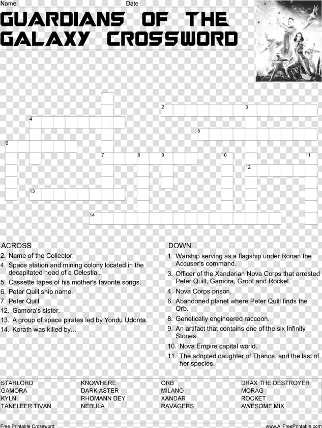 Clip Art Quill Templates   Guardians Of The Galaxy Crossword Puzzle  HD Png DownloadTransparent PNG