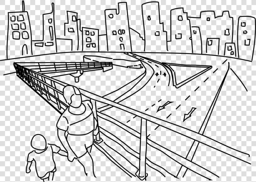 City  Walk  Bridge  Buildings  Transit  Street   Walking Bridge Cartoon Black And White  HD Png DownloadTransparent PNG