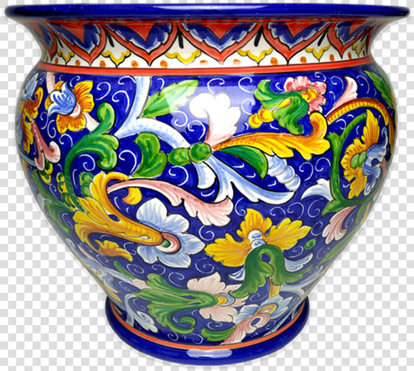 Cachepot With Colored Scrolls And Blue Background   Porcelain  HD Png DownloadTransparent PNG