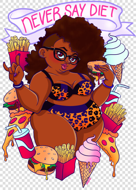 My Art Fat Tattoo Pizza Banner Pin Up Fries Junk Food   Fat Black Girl Cartoon  HD Png DownloadTransparent PNG