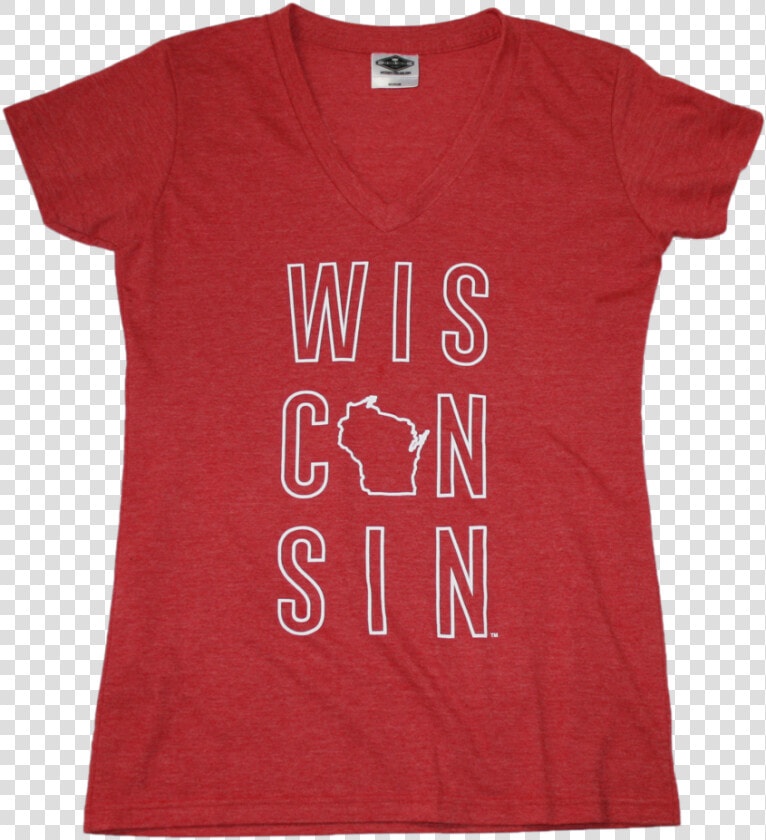 Wisconsin Red Ladies V neck With White Stacked Letters   Disney T Shirts For Girls  HD Png DownloadTransparent PNG