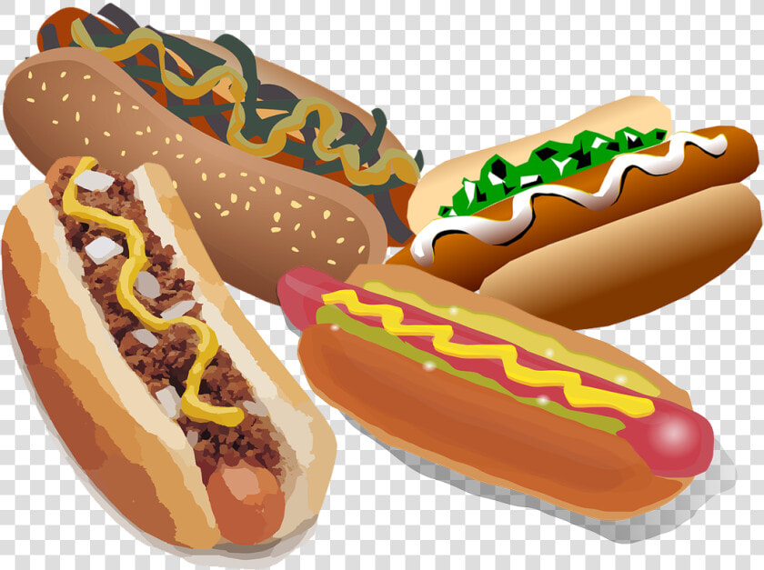 A Drawing Of Four Cartoon Hot Dogs In Bunswith Different   Chili Dog Clip Art  HD Png DownloadTransparent PNG