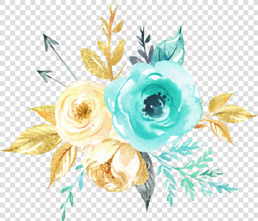  watercolor  flowers  bouquet  mint  teal  gold  silver  HD Png DownloadTransparent PNG