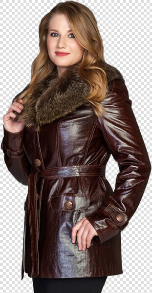 Golden Long Leather Jacket   Woman In Leather Jacket Fur  HD Png DownloadTransparent PNG