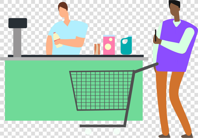 Man Looking At Budget App On Phone At Grocery Store   Illustration  HD Png DownloadTransparent PNG