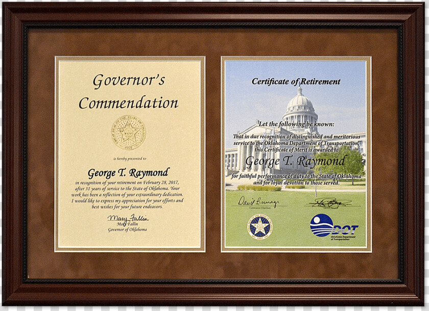 Dual Retirement Certificate And Commendation Letter   Matted Framed Dedication Example  HD Png DownloadTransparent PNG