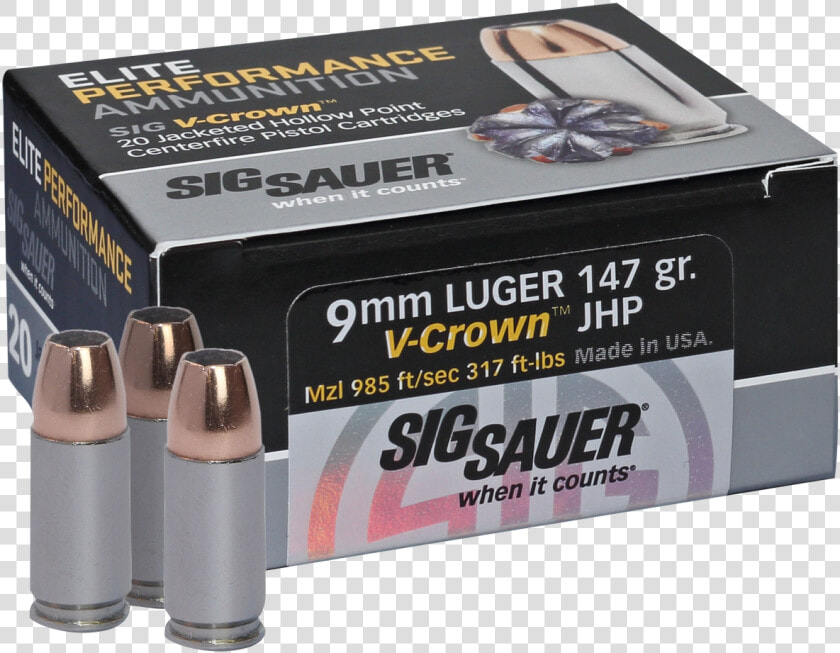 Sig Sauer E9mma320 Elite V crown 9mm Luger 147 Gr Jacketed   Sig Sauer 45 Hollow Point  HD Png DownloadTransparent PNG