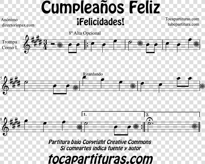 Happy Birthday Sheet Music For Horn  English Horn And   Cumpleaños Feliz En Do  HD Png DownloadTransparent PNG