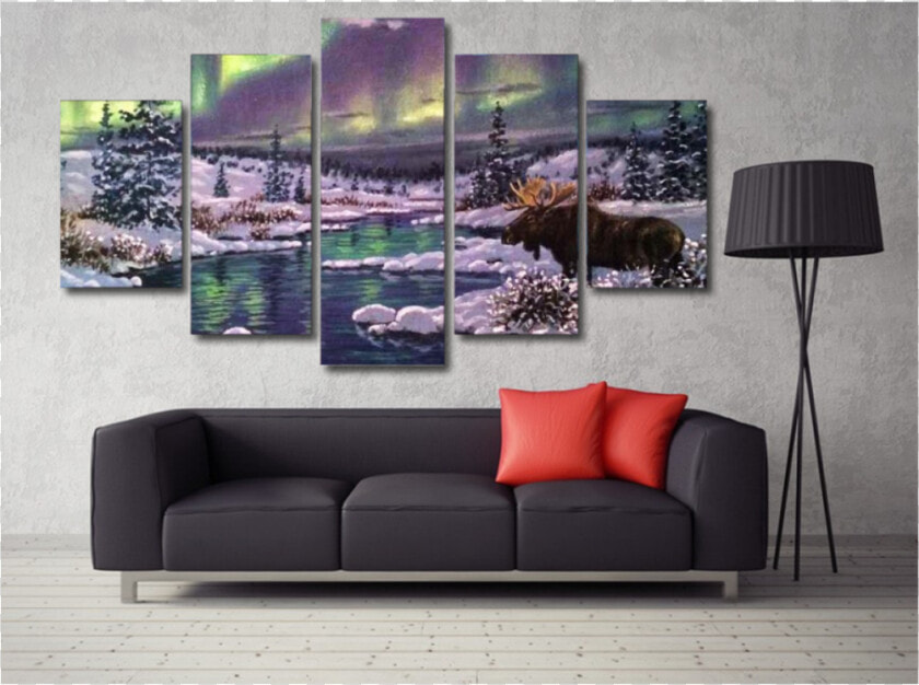 Moose Aurora Forest And Snow 5 Panel   Wall Art Floral Design For Living Room Glass Paintings  HD Png DownloadTransparent PNG