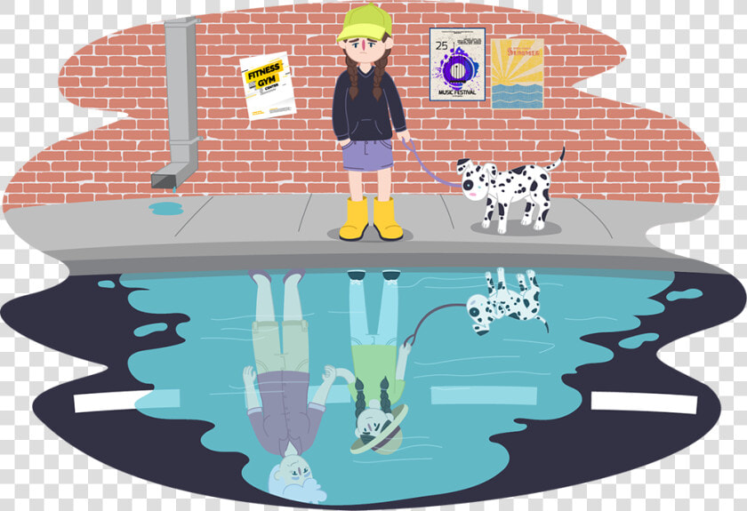 Child And Dog Looking In Puddle At Reflection Of Someone   Illustration  HD Png DownloadTransparent PNG