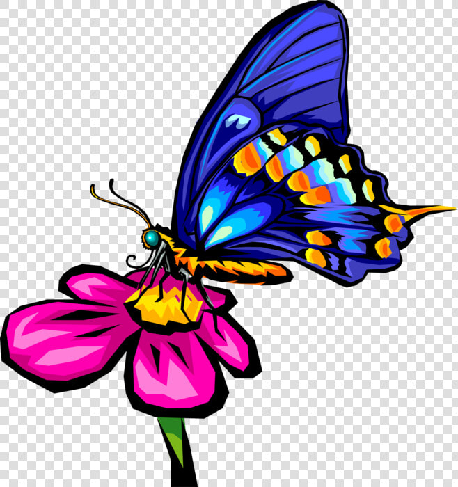 Vector Illustration Of Blue Butterfly Winged Insect   Pink Flower With Butterfly Clipart  HD Png DownloadTransparent PNG